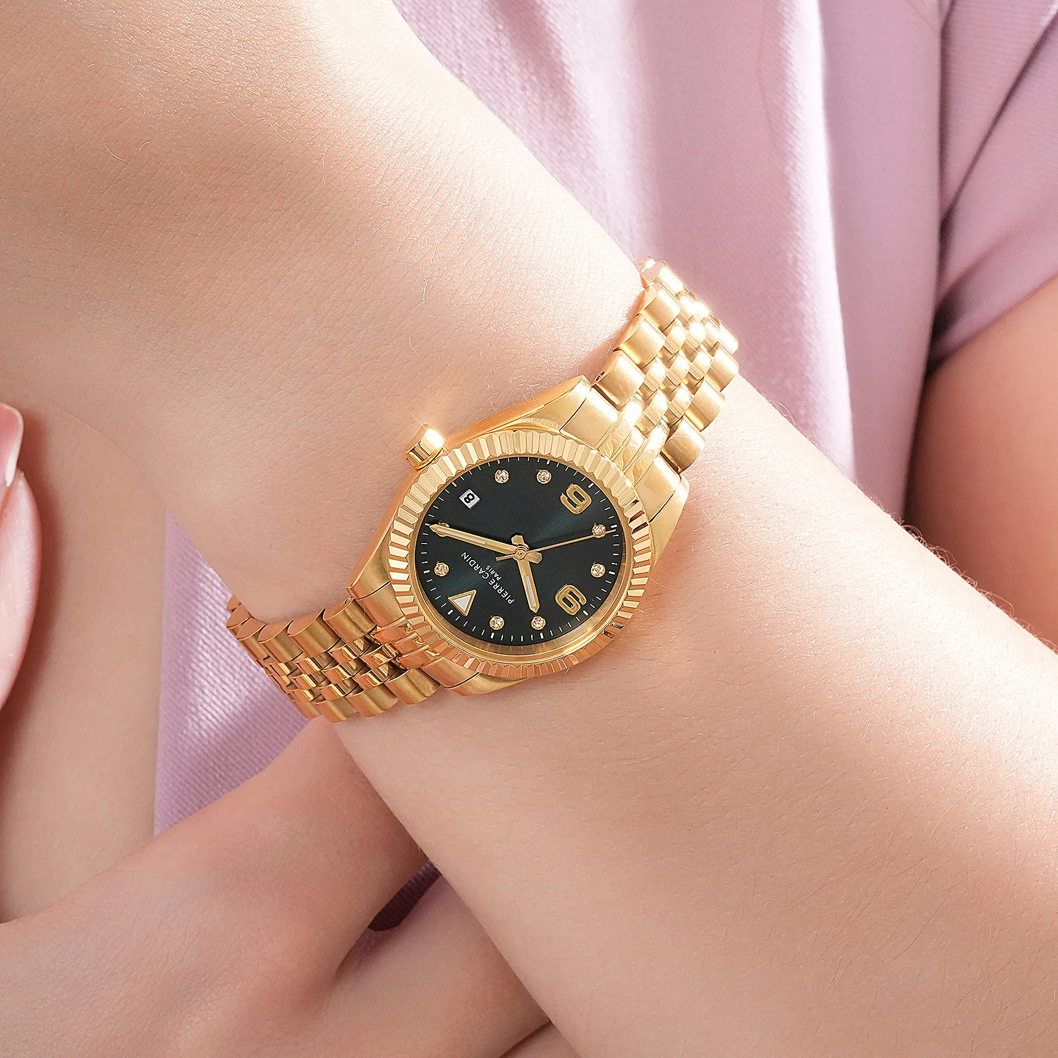 Opéra Timbre Women’s Watch - Gold Case, Dark Green Dial with Crystal Indexes and Gold Jubilee Strap - Image 7