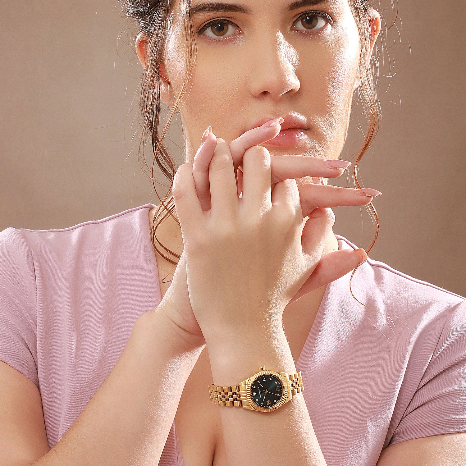 Opéra Timbre Women’s Watch - Gold Case, Dark Green Dial with Crystal Indexes and Gold Jubilee Strap - Image 9