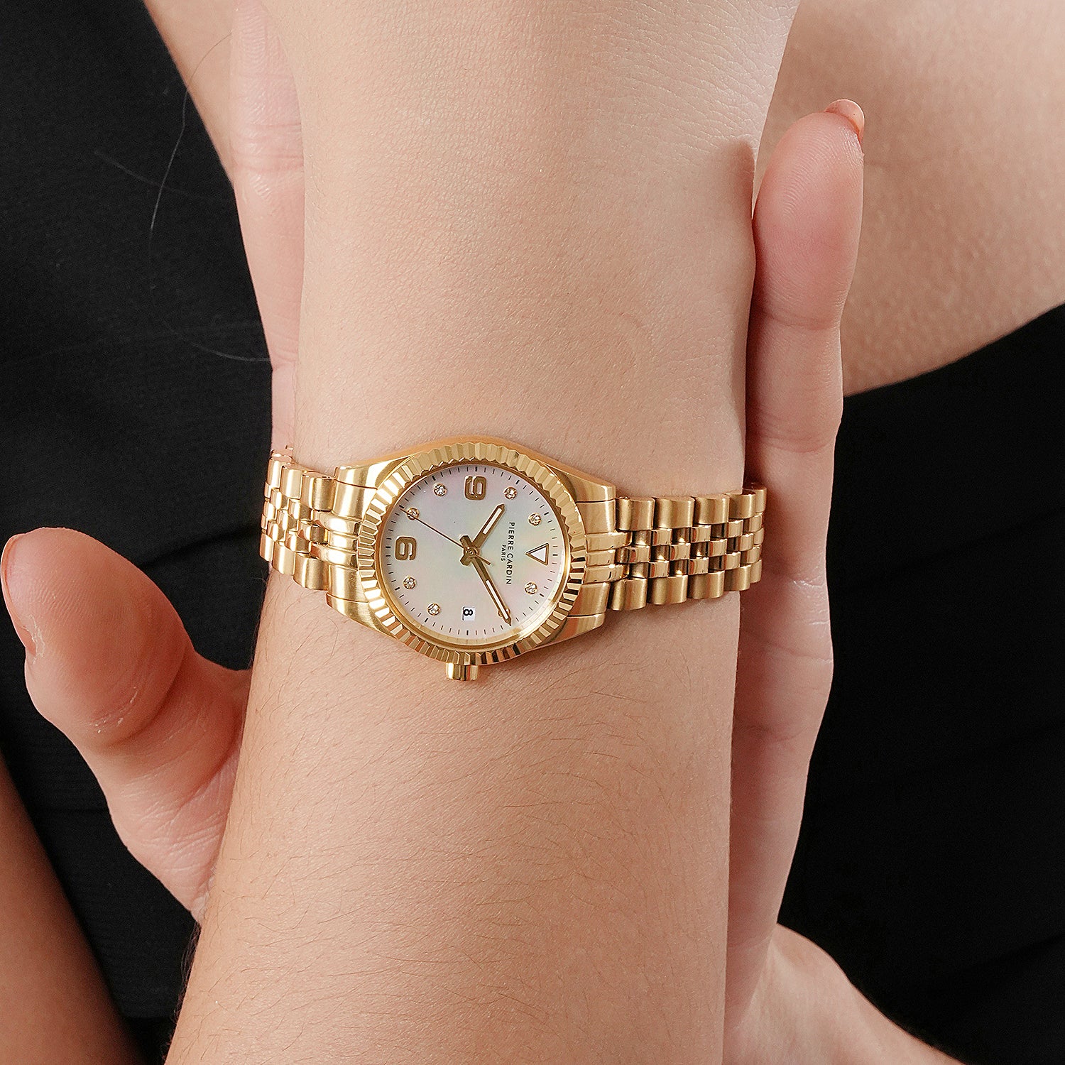 Opéra Timbre Women’s Watch - Gold Case, White Mother of Pearl Dial Look with Crystal Indexes and Gold Jubilee Strap - Image 8