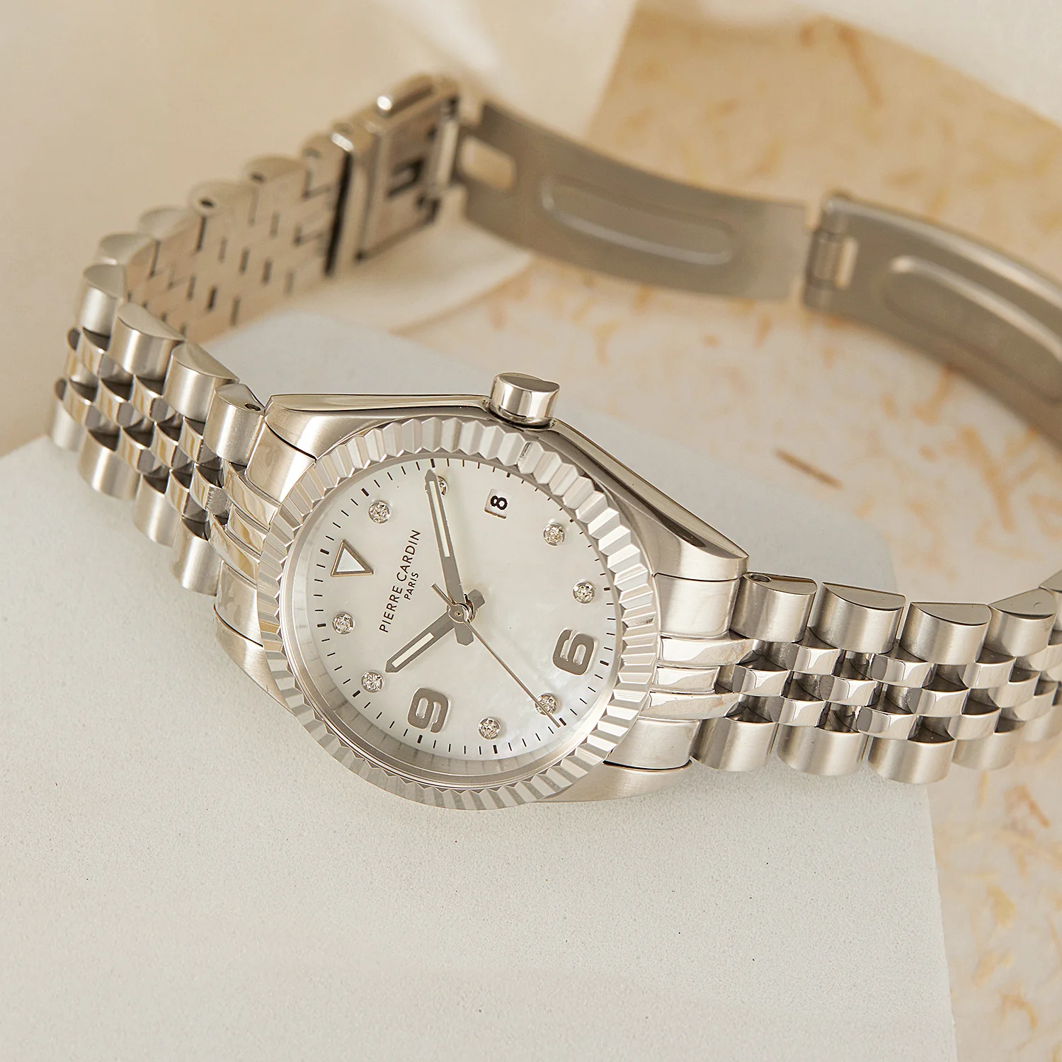 Opéra Timbre Women’s Watch - Silver Case, White Mother of Pearl Look Dial with Crystal Indexes and Silver Jubilee Strap - Image 6