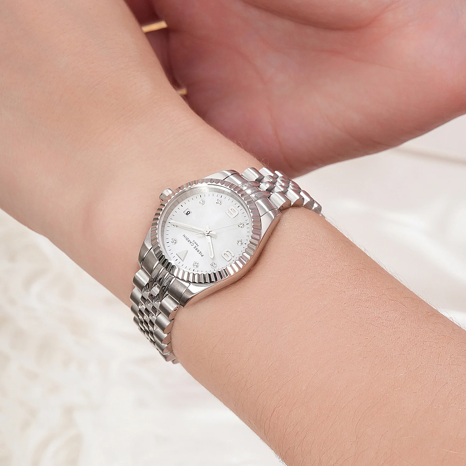 Opéra Timbre Women’s Watch - Silver Case, White Mother of Pearl Look Dial with Crystal Indexes and Silver Jubilee Strap - Image 8