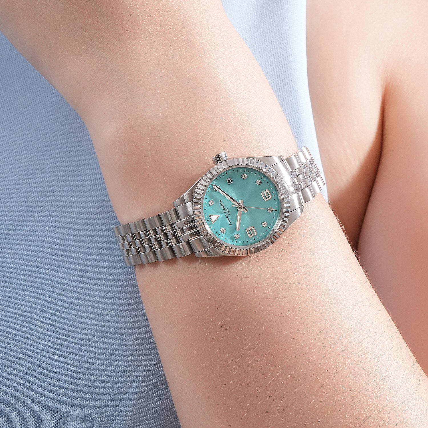 Opéra Timbre Women’s Watch - Stainless Steel Case, Celeste Blue Dial with Crystal Indexes and Stainless Steel Jubilee Strap - Image 7