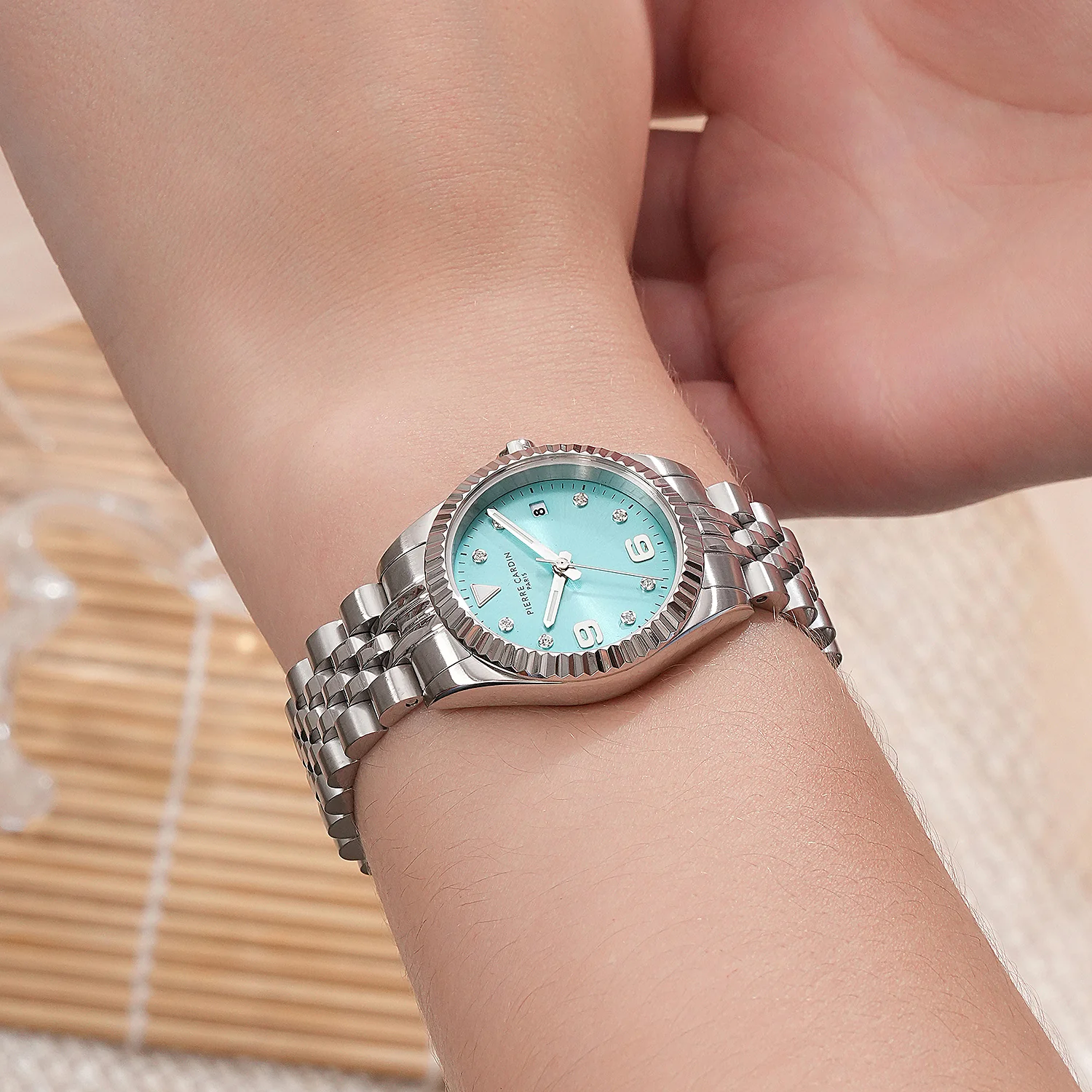 Opéra Timbre Women’s Watch - Stainless Steel Case, Celeste Blue Dial with Crystal Indexes and Stainless Steel Jubilee Strap - Image 8