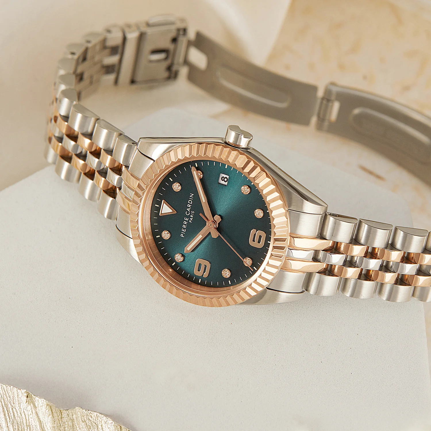 Opéra Timbre Women’s Watch - Two-Tone Rose Gold & Silver Case, Dark Green Dial with Crystal Indexes and Two-Tone Jubilee Strap - Image 5