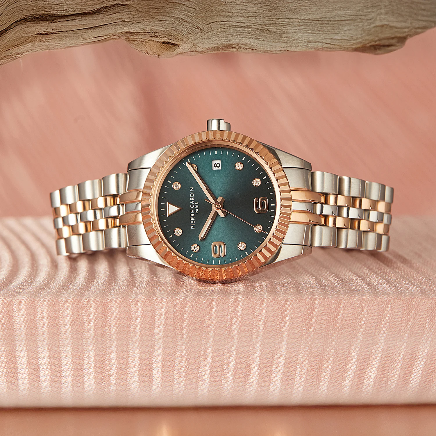 Opéra Timbre Women’s Watch - Two-Tone Rose Gold & Silver Case, Dark Green Dial with Crystal Indexes and Two-Tone Jubilee Strap - Image 6