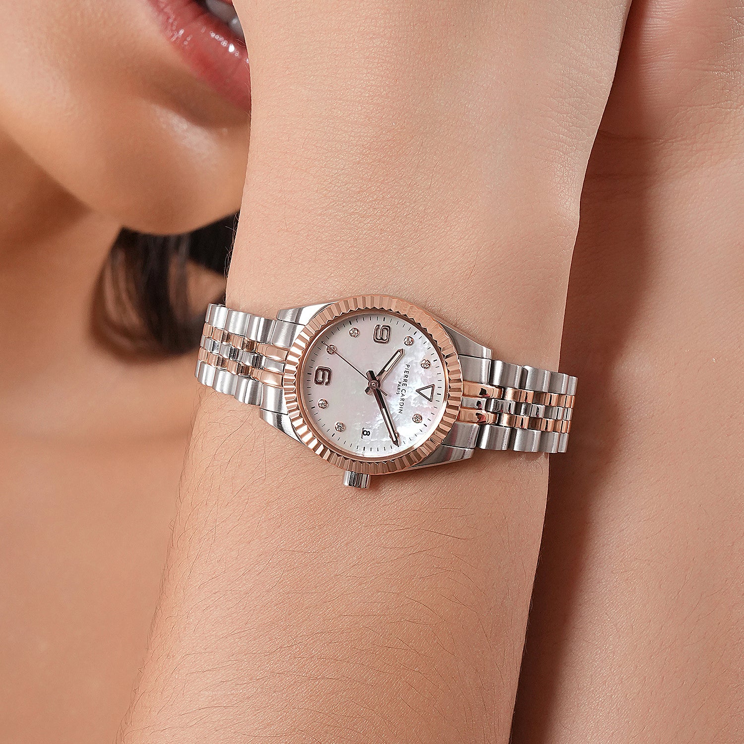 Opéra Timbre Women’s Watch - Two-Tone Rose Gold & Silver Case, White Mother of Pearl Dial Look with Crystal Indexes and Two-Tone Jubilee Strap - Image 6