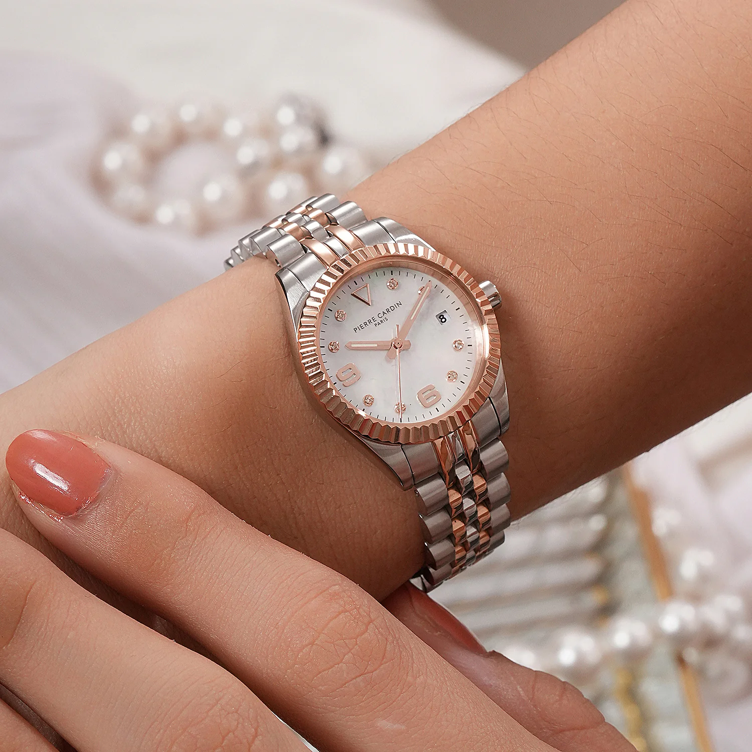 Opéra Timbre Women’s Watch - Two-Tone Rose Gold & Silver Case, White Mother of Pearl Dial Look with Crystal Indexes and Two-Tone Jubilee Strap - Image 7