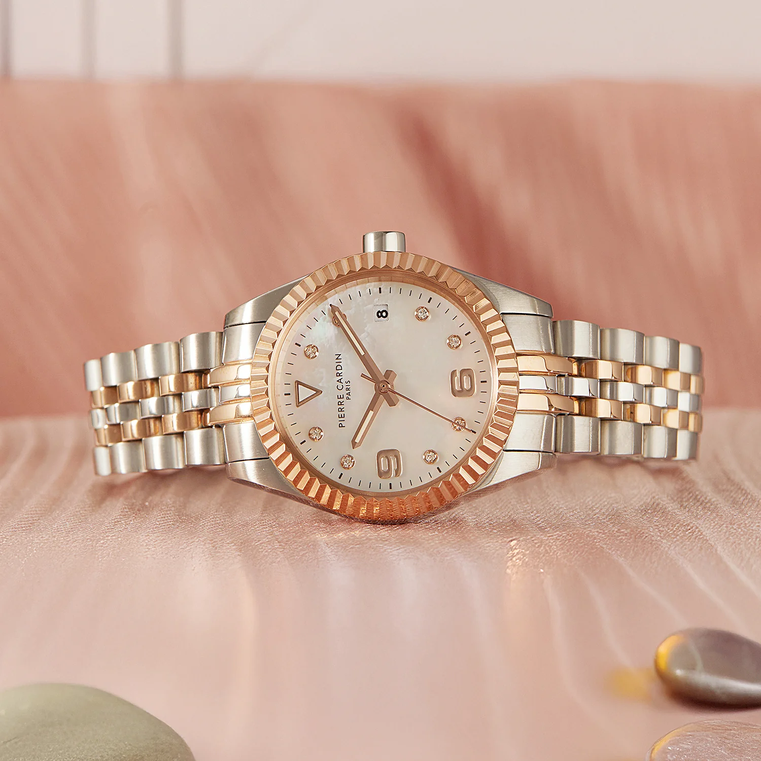 Opéra Timbre Women’s Watch - Two-Tone Rose Gold & Silver Case, White Mother of Pearl Dial Look with Crystal Indexes and Two-Tone Jubilee Strap - Image 8