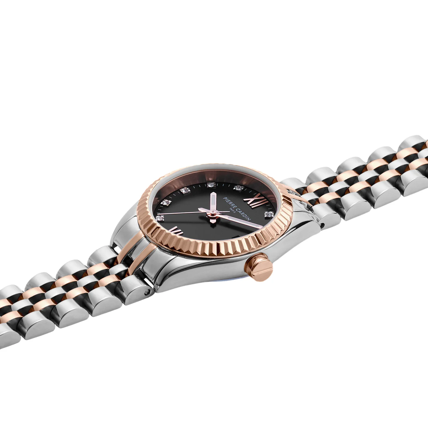 Opera Two Tone Rose Gold and Stainless Steel Date Watch with Fluted Bezel and Crystals on a Black Dial - Image 3