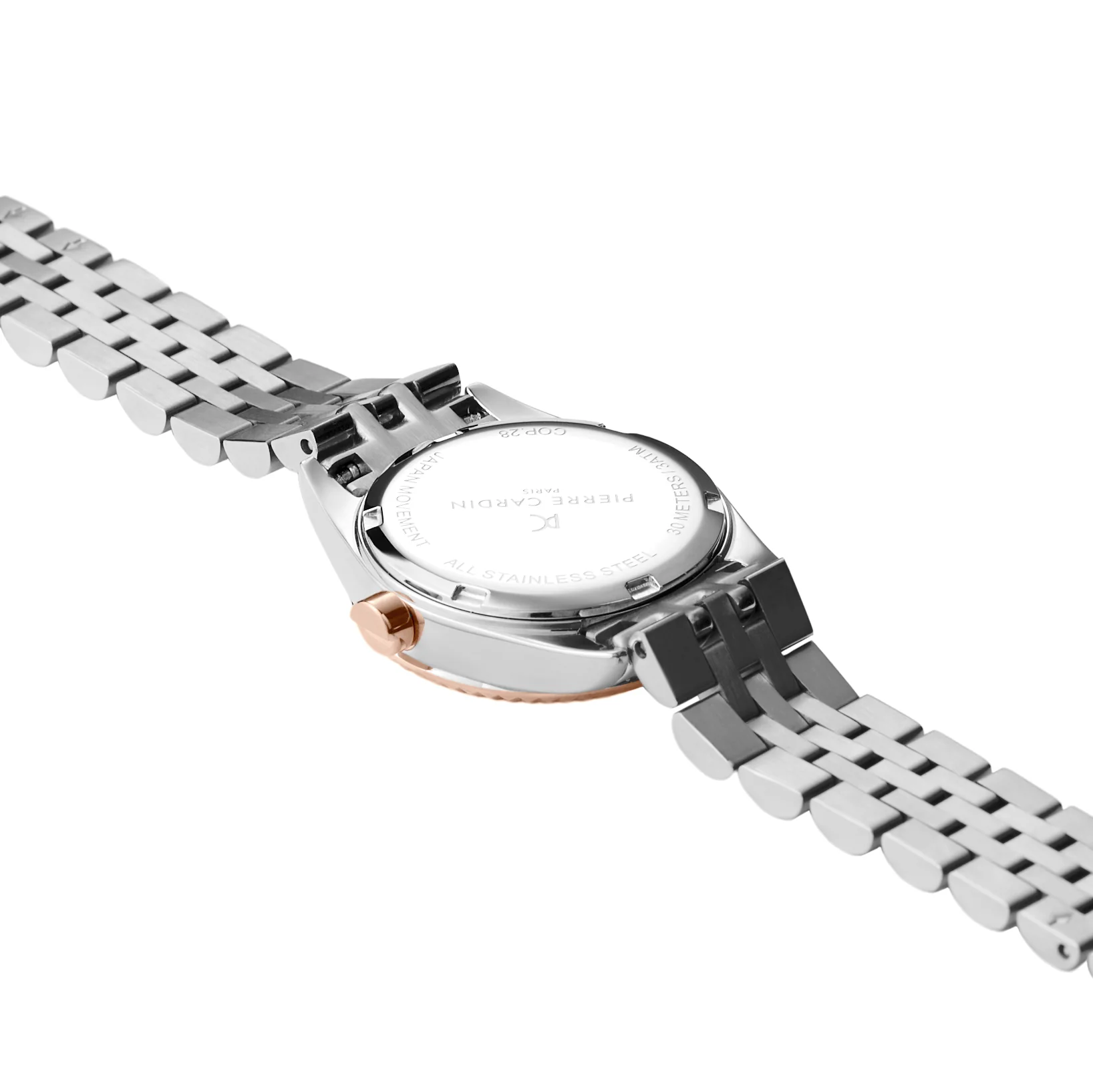 Opera Two Tone Rose Gold and Stainless Steel Date Watch with Fluted Bezel and Crystals on a Blue Dial - Image 4