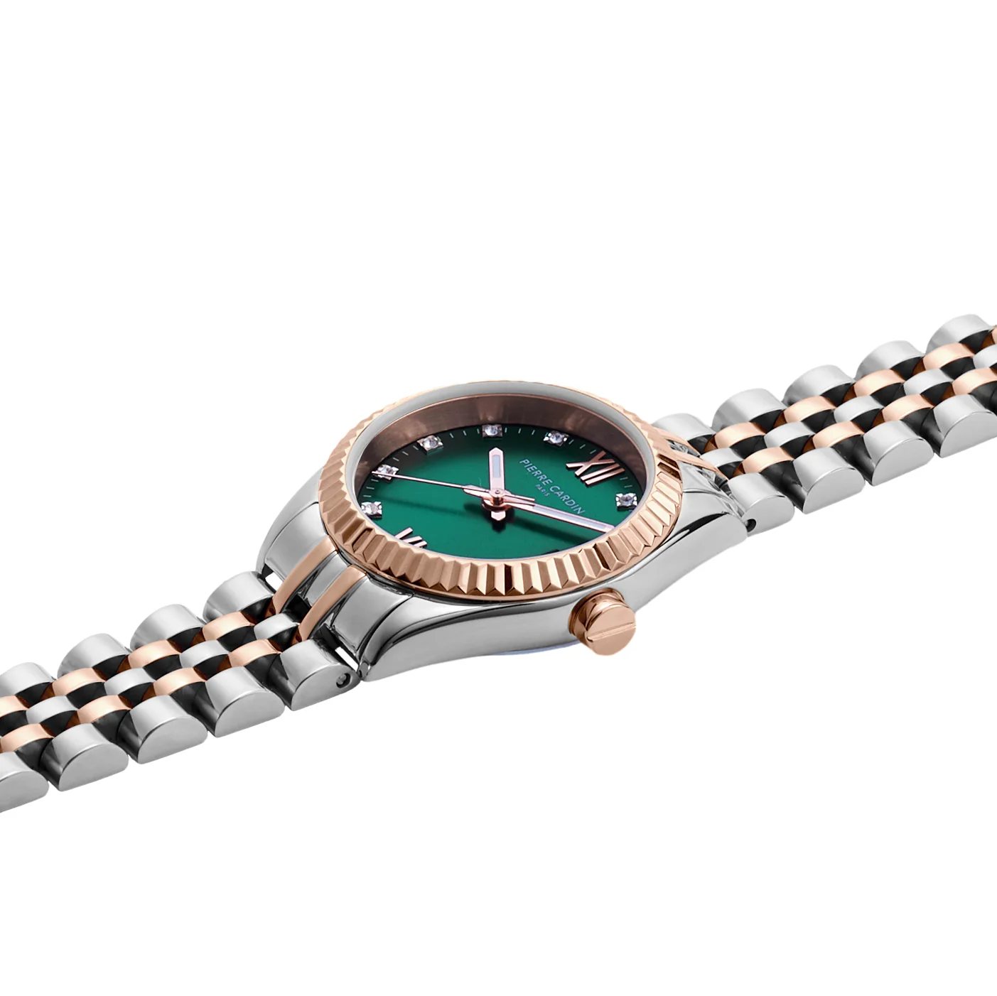 Opera Two Tone Rose Gold and Stainless Steel Date Watch with Fluted Bezel and Crystals on a Green Dial - Image 3