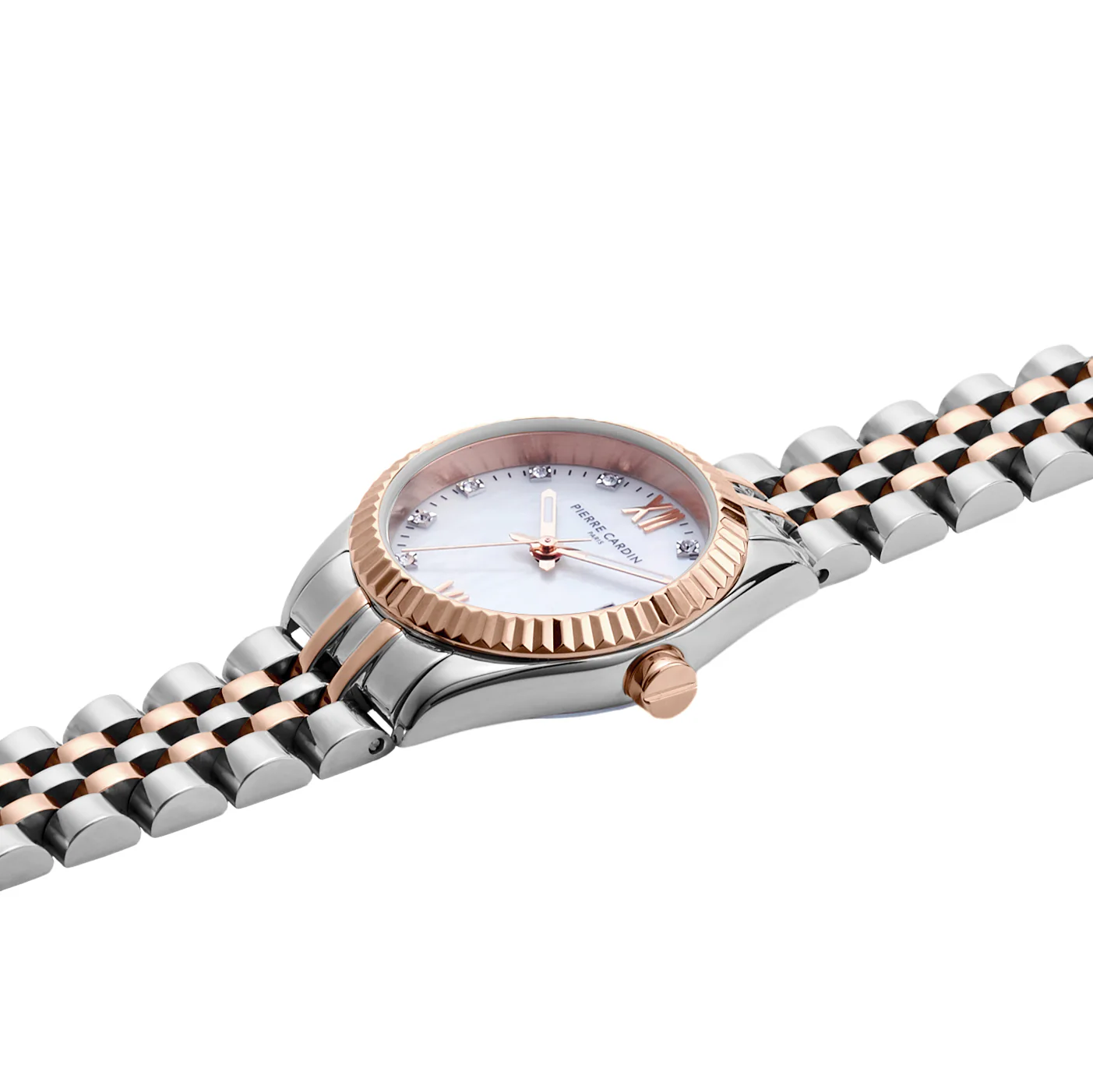 Opera Two Tone Rose Gold and Stainless Steel Date Watch with Fluted Bezel and Crystals on a Mother of Pearl Dial Look - Image 3