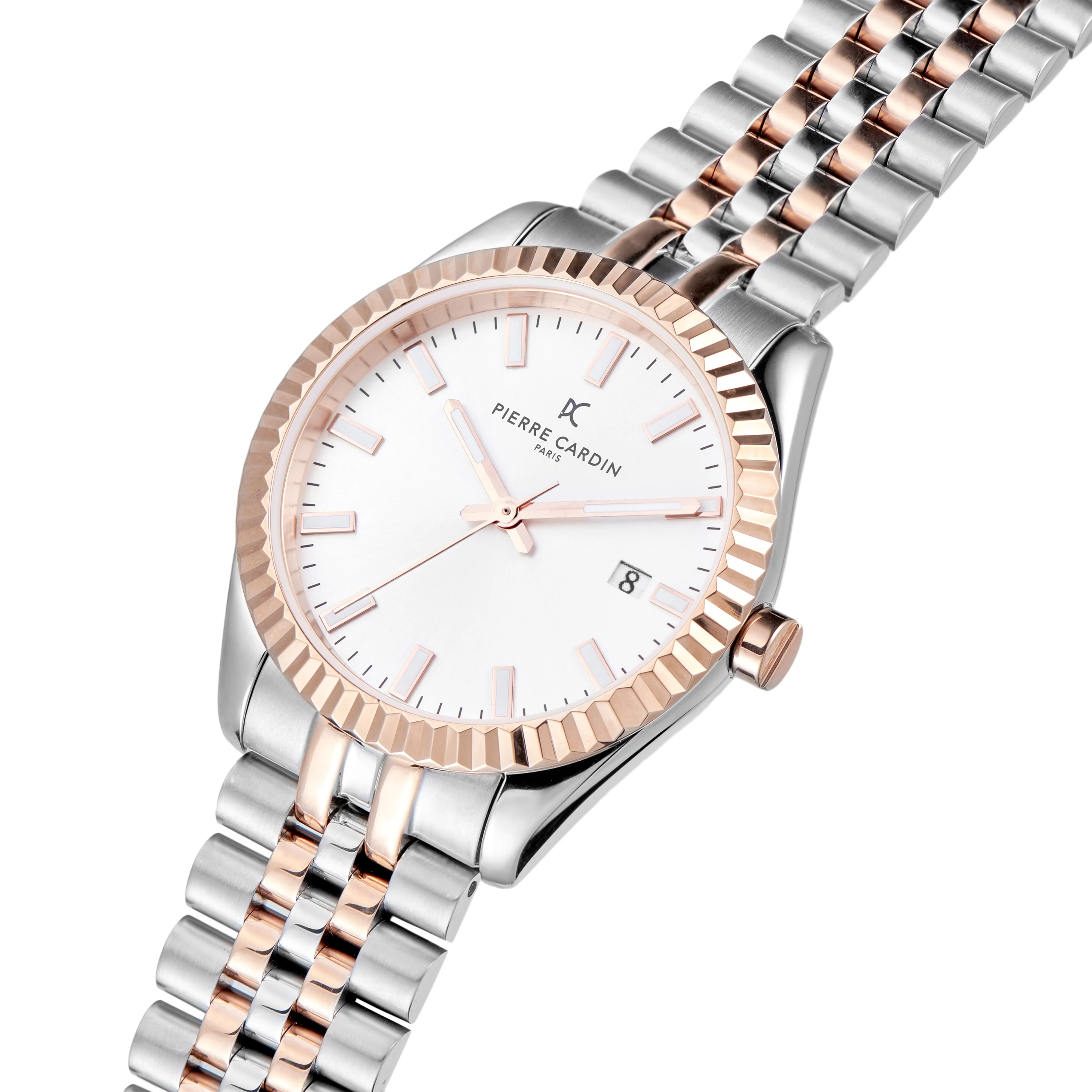 Opera Two tone Stainless Steel and Rose Gold Date Watch with Fluted Bezel and White Dial - Image 2