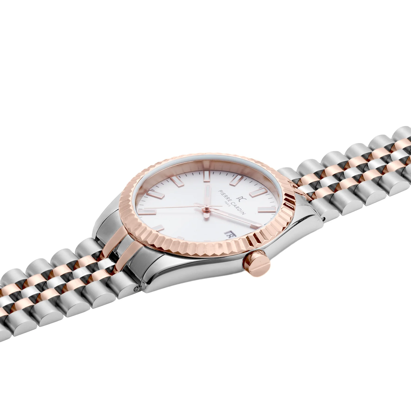 Opera Two tone Stainless Steel and Rose Gold Date Watch with Fluted Bezel and White Dial - Image 3