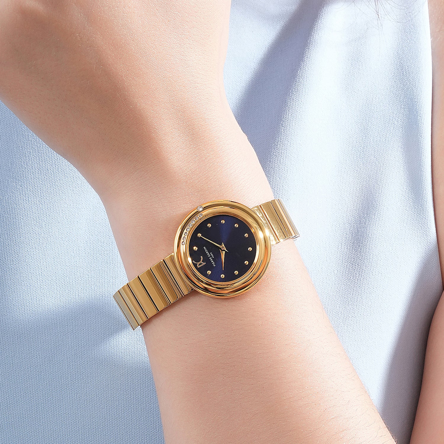 Passy Météore Ladies’ Watch - Gold Case with Blue Dial, Crystal Bezel, and Metal Link Strap - Image 8