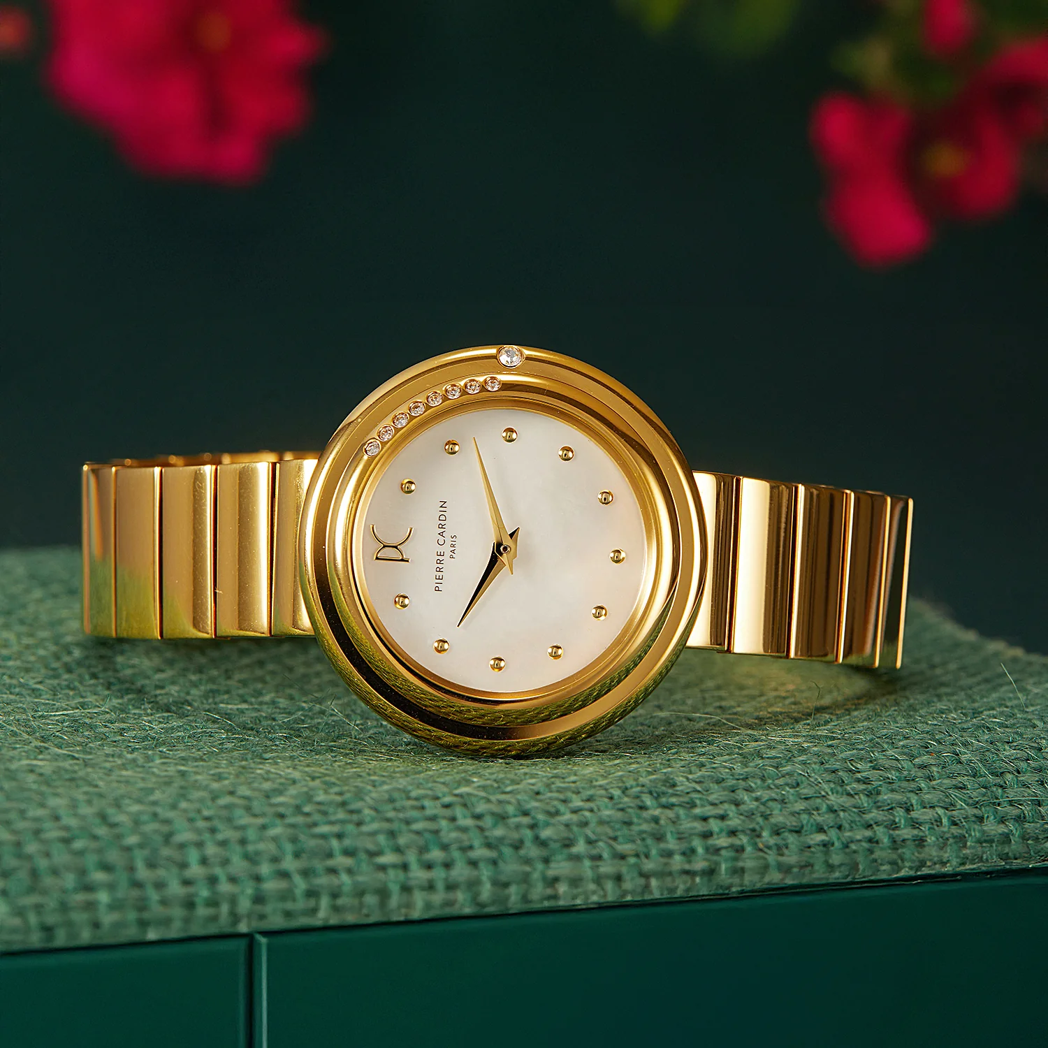 Passy Météore Ladies’ Watch - Gold Case with White Mother of Pearl Look Dial, Crystal Bezel, and Metal Link Strap - Image 5