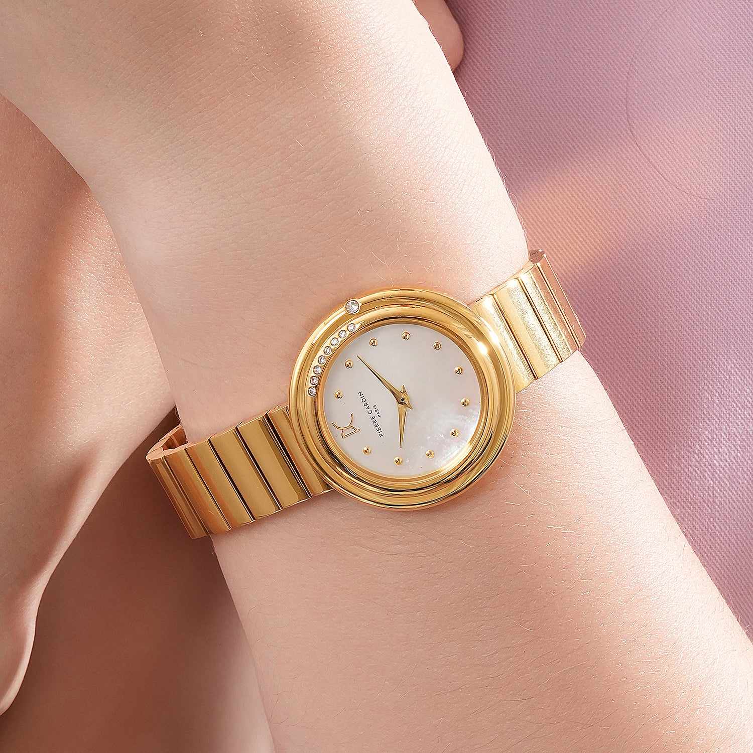 Passy Météore Ladies’ Watch - Gold Case with White Mother of Pearl Look Dial, Crystal Bezel, and Metal Link Strap - Image 7