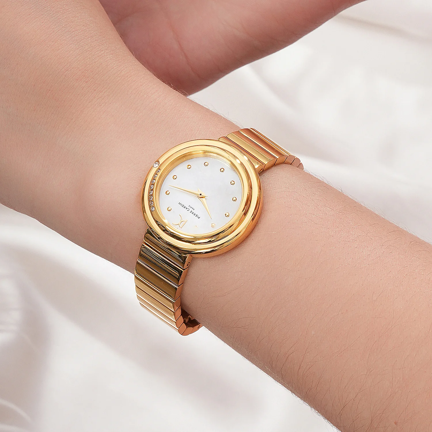 Passy Météore Ladies’ Watch - Gold Case with White Mother of Pearl Look Dial, Crystal Bezel, and Metal Link Strap - Image 8