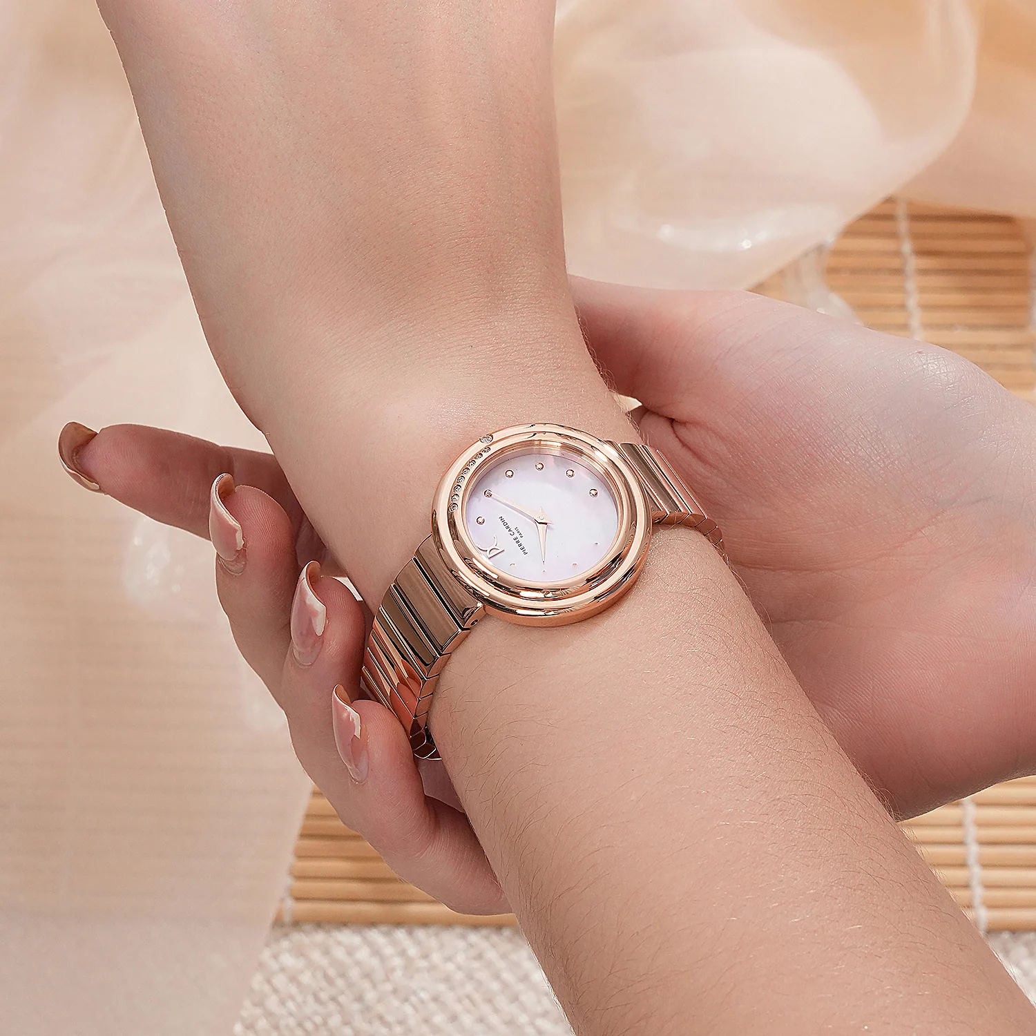 Passy Météore Ladies’ Watch - Rose Gold Case with Pink Mother of Pearl Look Dial, Crystal Bezel, and Metal Link Strap - Image 7