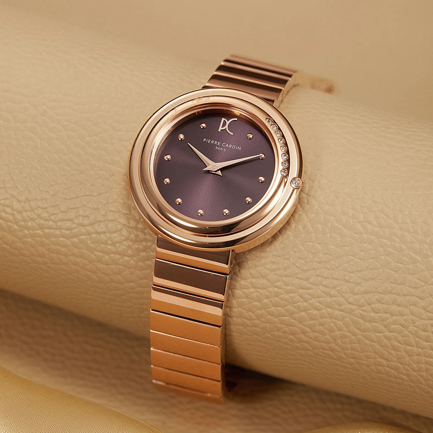 Passy Météore Ladies’ Watch - Rose Gold Case with Plum Dial, Crystal Bezel, and Metal Link Strap - Image 5