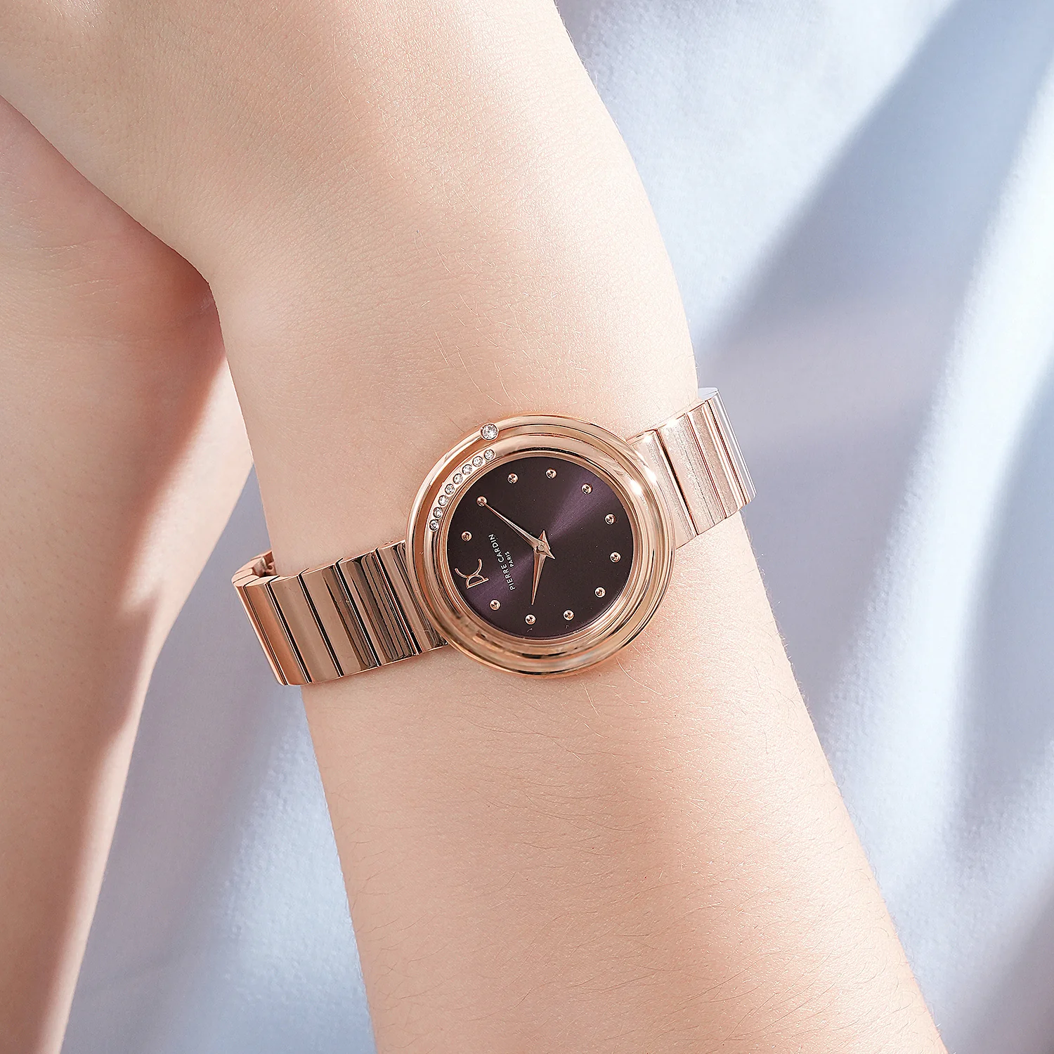 Passy Météore Ladies’ Watch - Rose Gold Case with Plum Dial, Crystal Bezel, and Metal Link Strap - Image 7