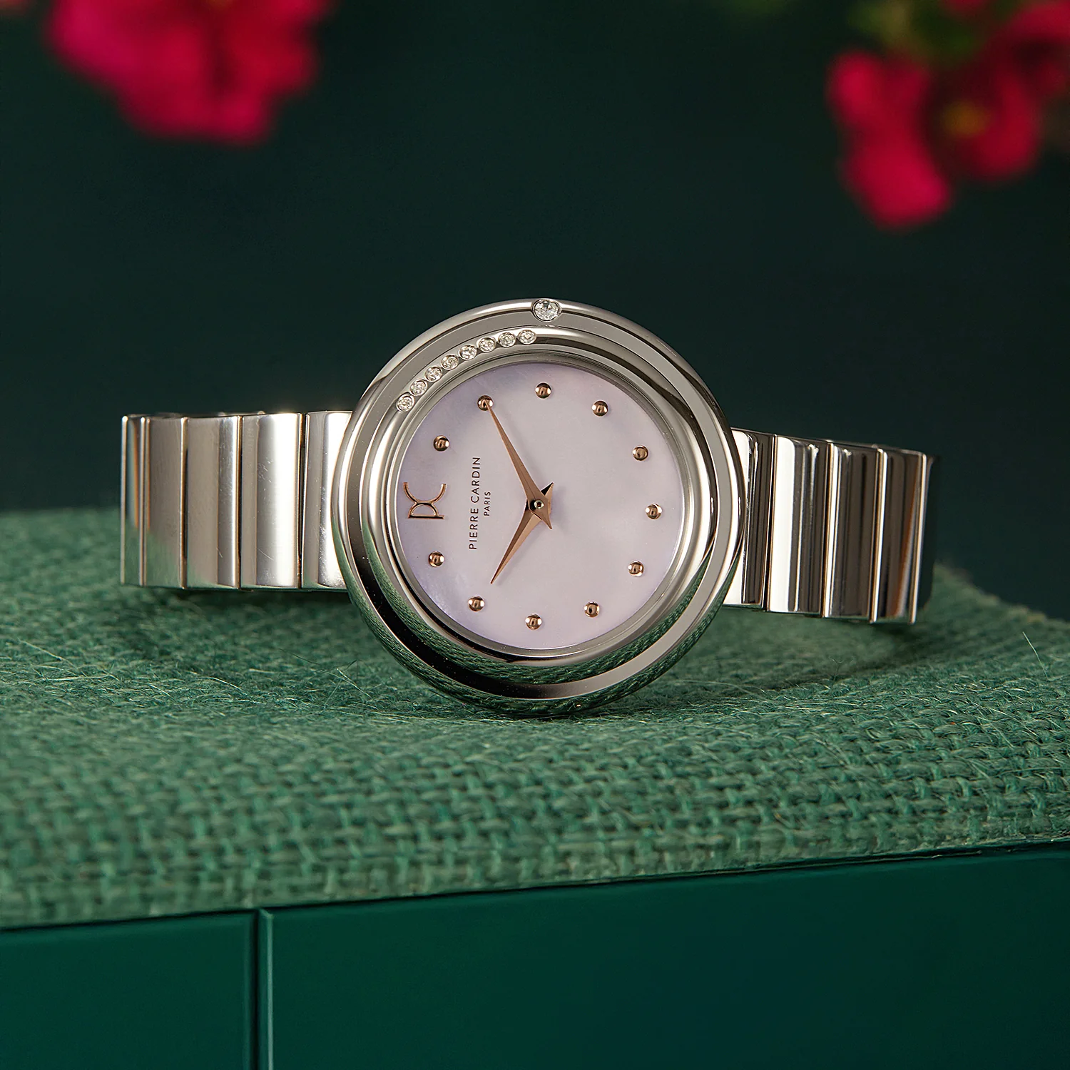 Passy Météore Ladies’ Watch - Silver Case with Pink Mother of Pearl Look Dial, Crystal Bezel, and Metal Link Strap - Image 3