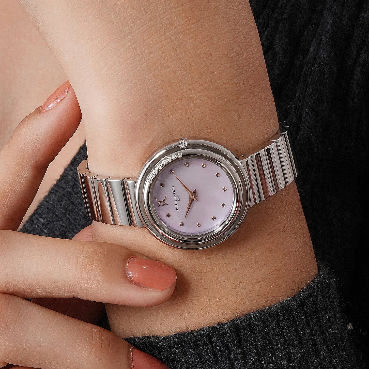 Passy Météore Ladies’ Watch - Silver Case with Pink Mother of Pearl Look Dial, Crystal Bezel, and Metal Link Strap - Image 5