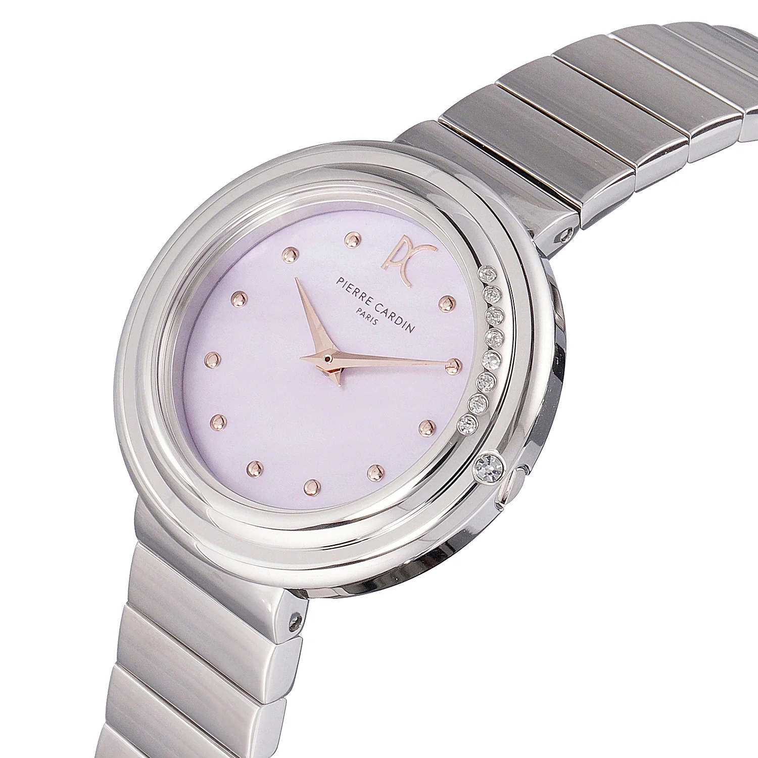 Passy Météore Ladies’ Watch - Silver Case with Pink Mother of Pearl Look Dial, Crystal Bezel, and Metal Link Strap - Image 7