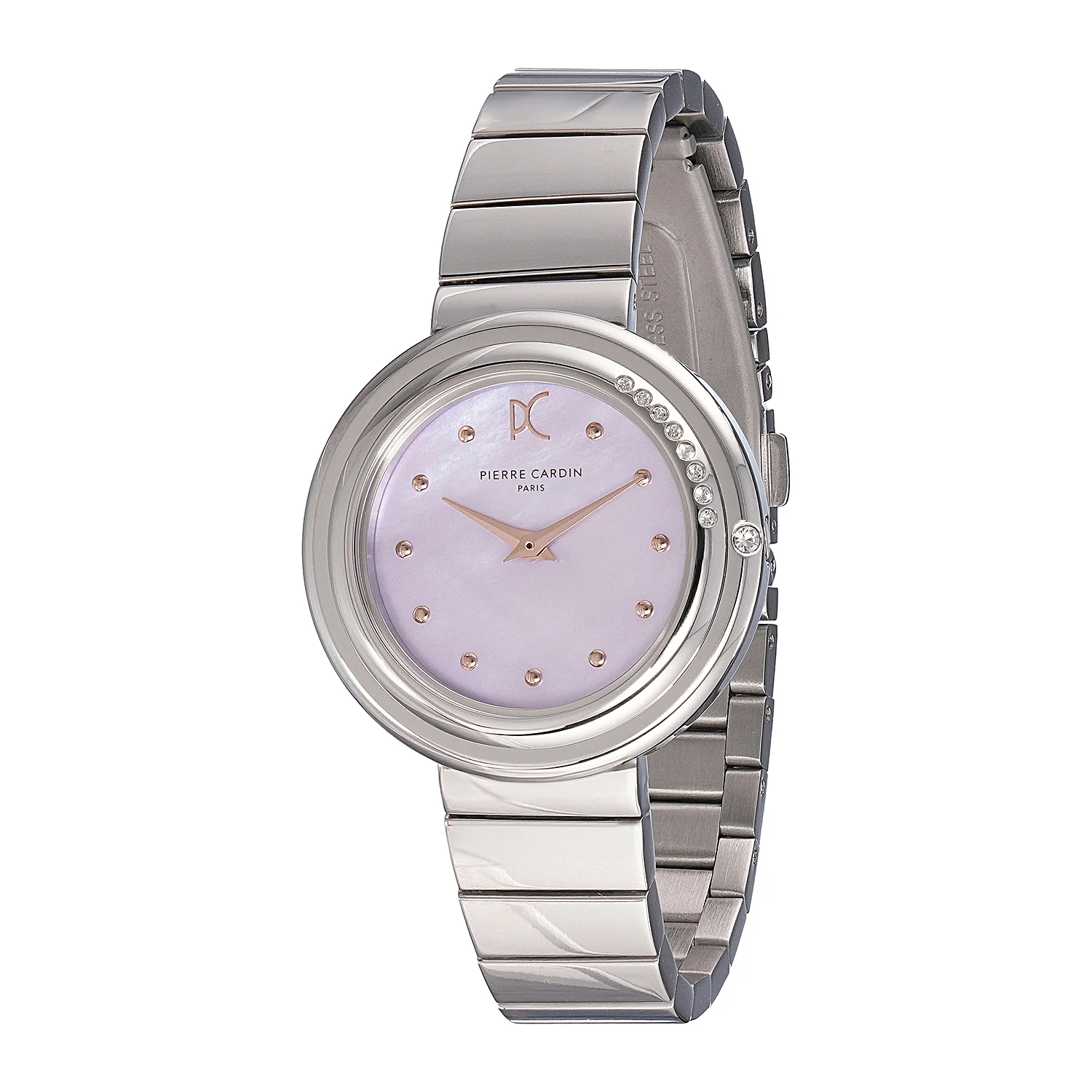 Passy Météore Ladies’ Watch - Silver Case with Pink Mother of Pearl Look Dial, Crystal Bezel, and Metal Link Strap - Image 8