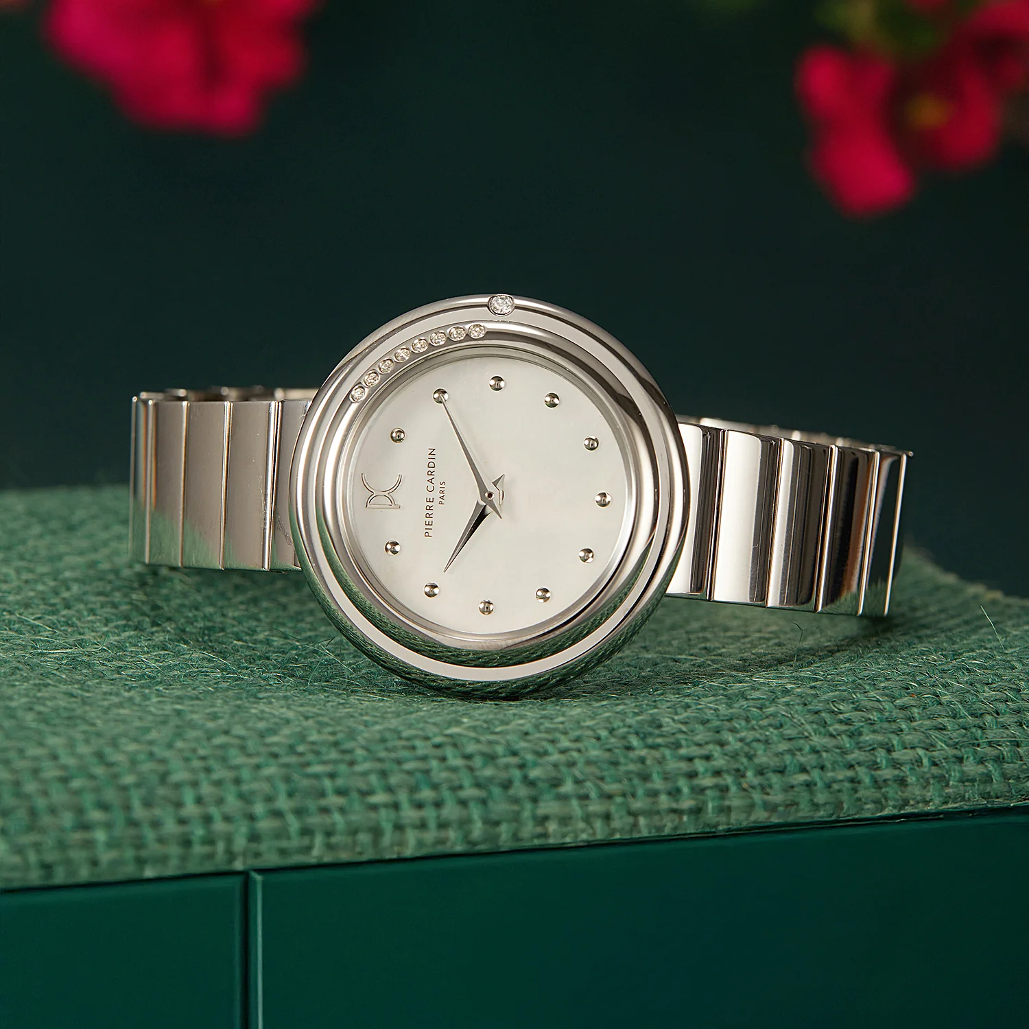 Passy Météore Ladies’ Watch - Silver Case with White Mother of Pearl Look Dial, Crystal Bezel, and Metal Link Strap - Image 6