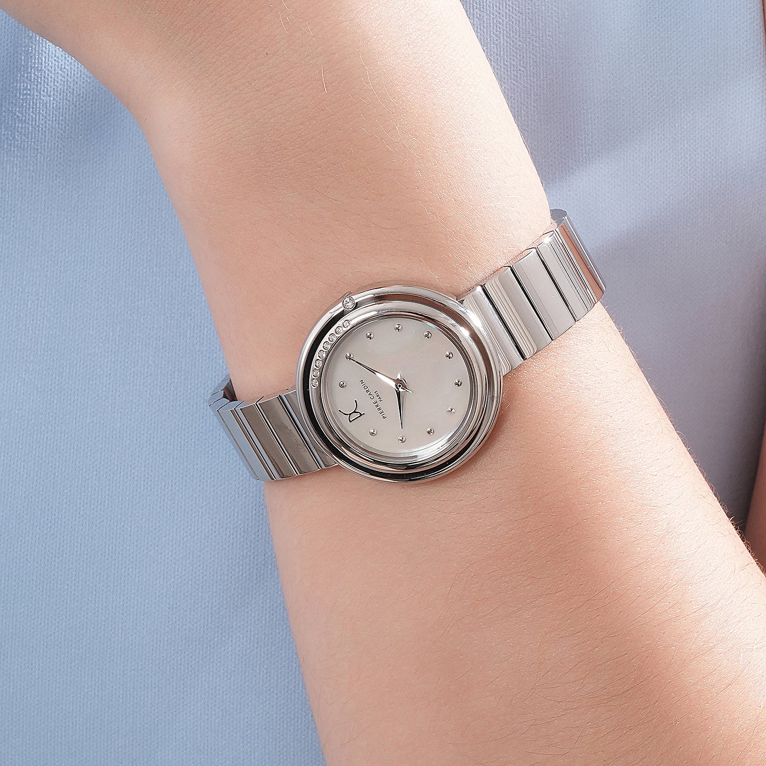Passy Météore Ladies’ Watch - Silver Case with White Mother of Pearl Look Dial, Crystal Bezel, and Metal Link Strap - Image 7