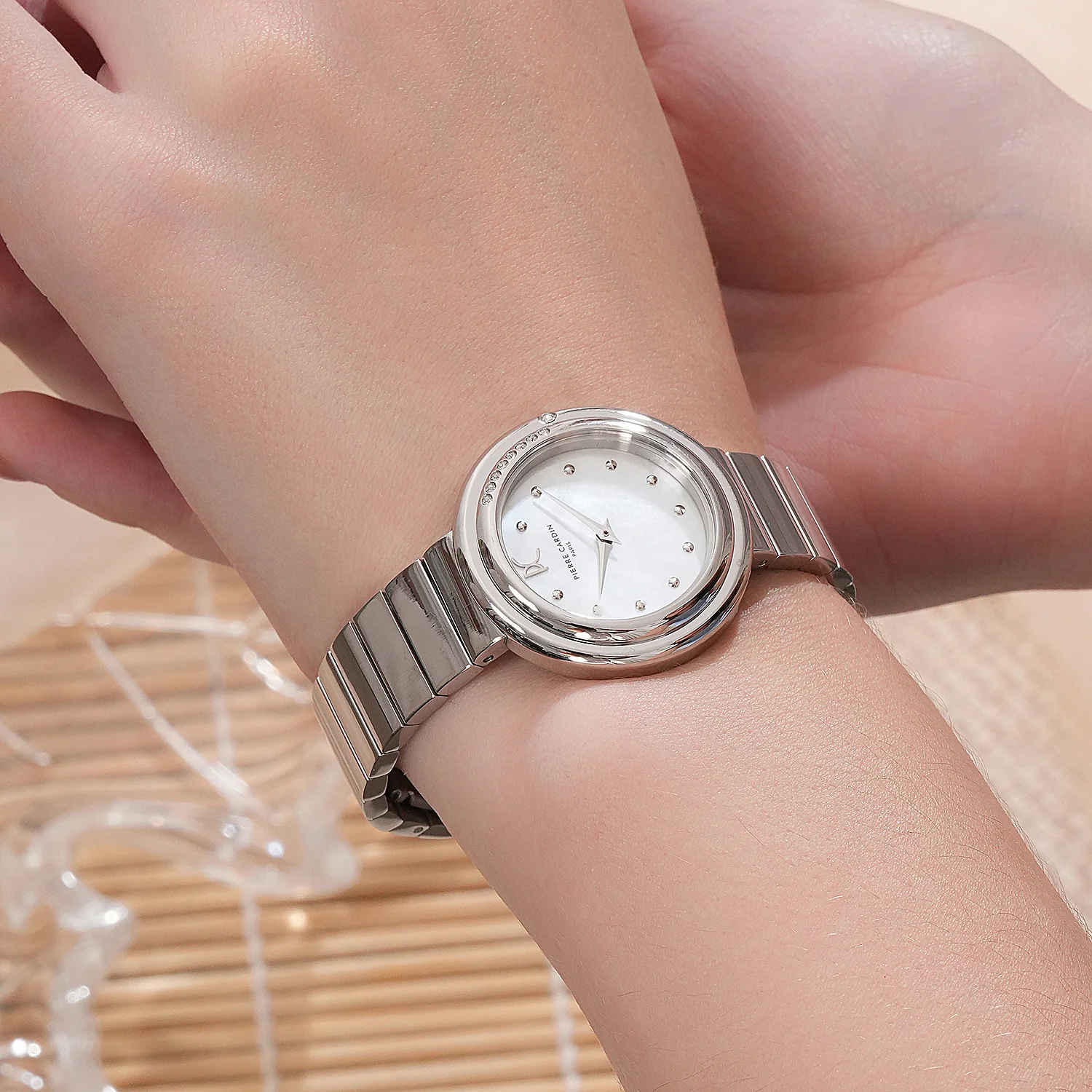 Passy Météore Ladies’ Watch - Silver Case with White Mother of Pearl Look Dial, Crystal Bezel, and Metal Link Strap - Image 8