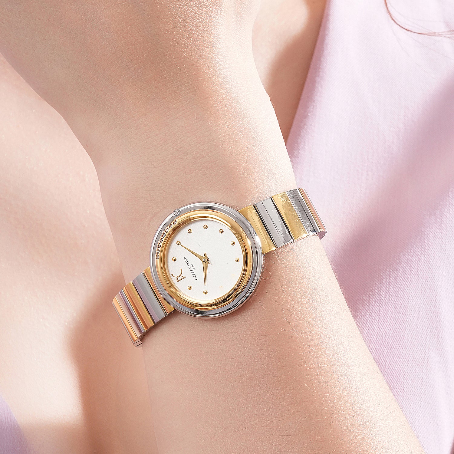 Passy Météore Ladies’ Watch - Two-Tone Gold & Silver Case with Silver White Dial, Crystal Bezel, and Metal Link Strap - Image 7