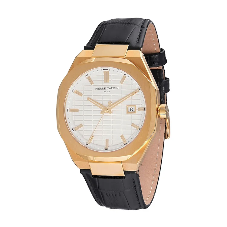 Maison 8 Checkers Men’s 42mm Gold Watch - Silver White Checkered Dial with Black Leather Strap