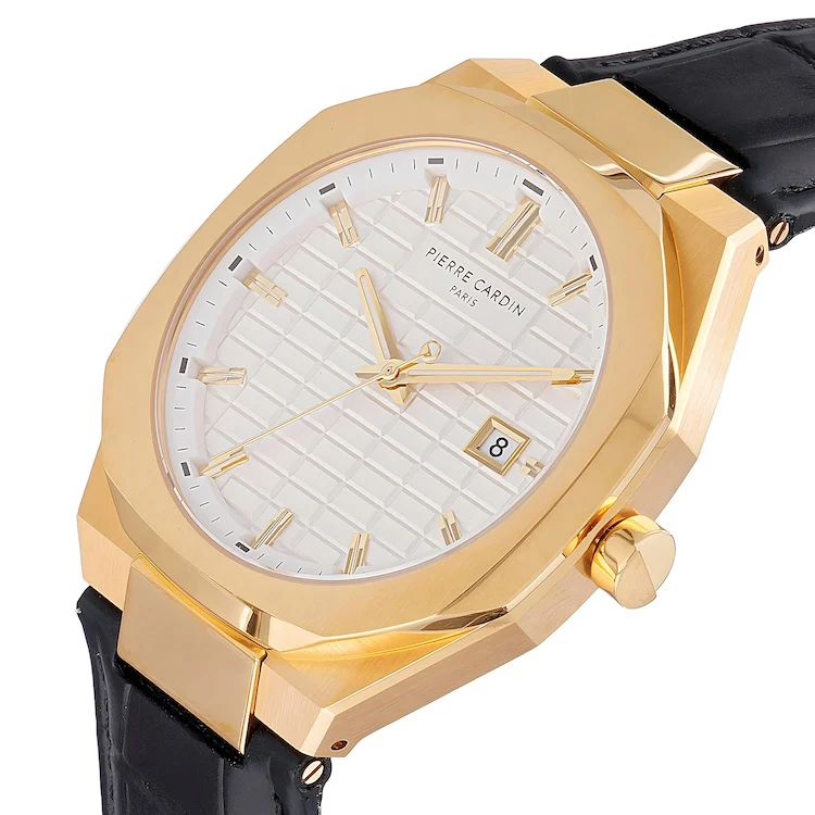 Maison 8 Checkers Men’s 42mm Gold Watch - Silver White Checkered Dial with Black Leather Strap - Image 2