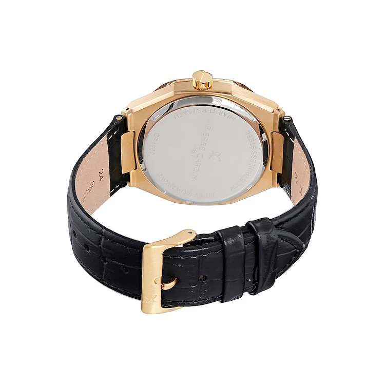 Maison 8 Checkers Men’s 42mm Gold Watch - Silver White Checkered Dial with Black Leather Strap - Image 3