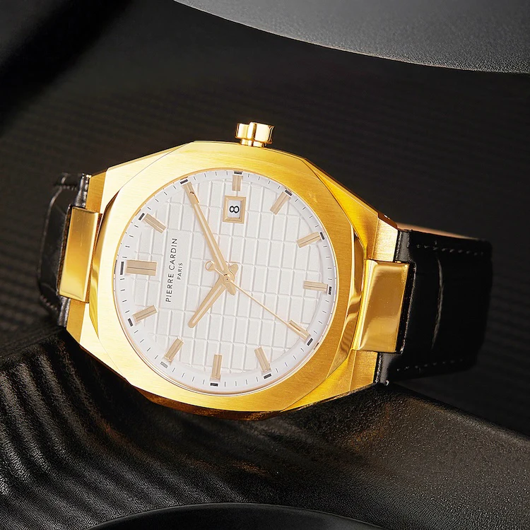Maison 8 Checkers Men’s 42mm Gold Watch - Silver White Checkered Dial with Black Leather Strap - Image 5