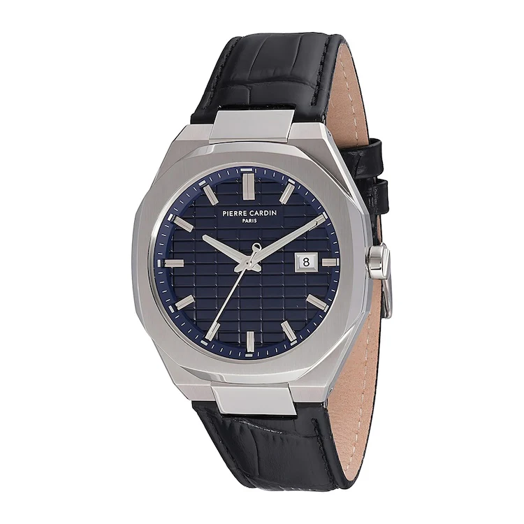 Maison 8 Checkers Men’s 42mm Stainless Steel Watch - Blue Checkered Dial with Black Leather Strap