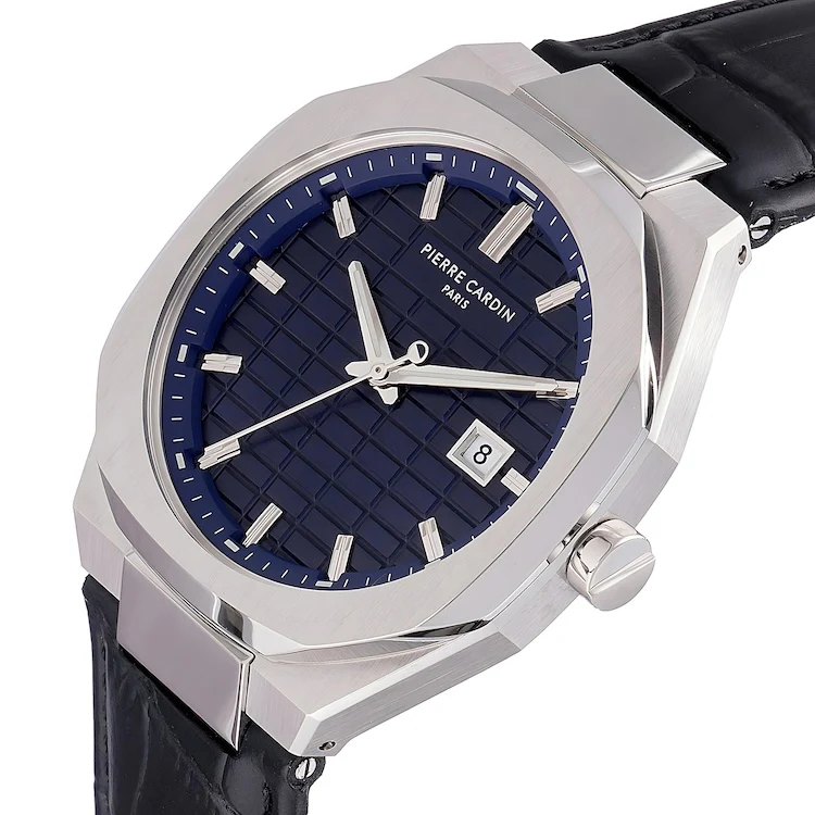 Maison 8 Checkers Men’s 42mm Stainless Steel Watch - Blue Checkered Dial with Black Leather Strap - Image 2