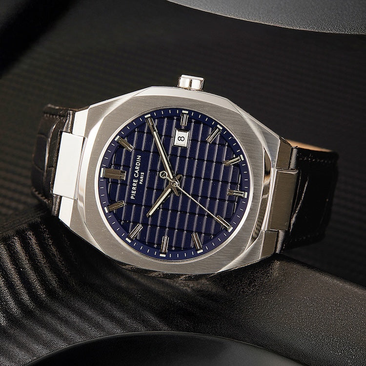 Maison 8 Checkers Men’s 42mm Stainless Steel Watch - Blue Checkered Dial with Black Leather Strap - Image 6
