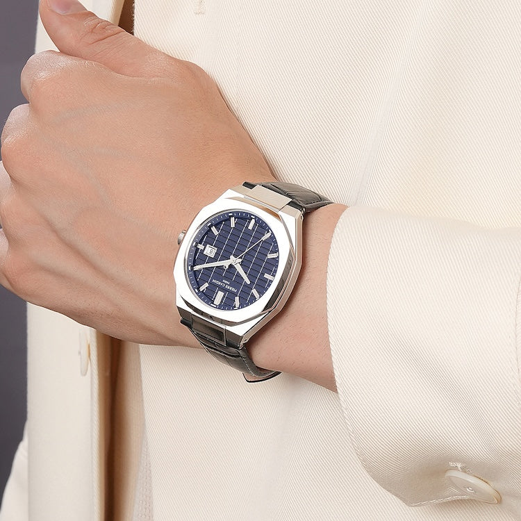 Maison 8 Checkers Men’s 42mm Stainless Steel Watch - Blue Checkered Dial with Black Leather Strap - Image 8