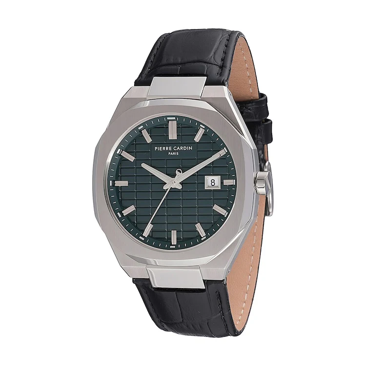 Maison 8 Checkers Men’s 42mm Stainless Steel Watch - Green Checkered Dial with Black Leather Strap