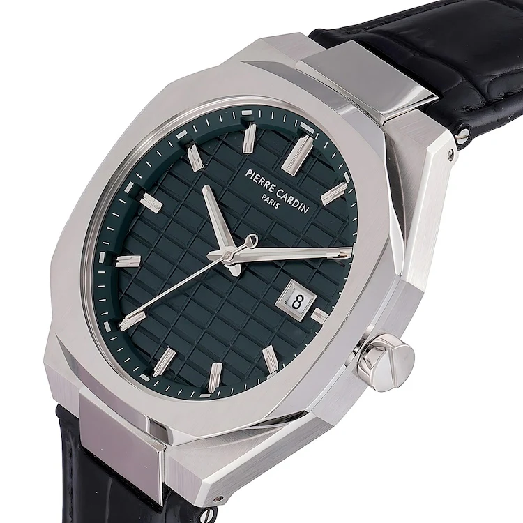 Maison 8 Checkers Men’s 42mm Stainless Steel Watch - Green Checkered Dial with Black Leather Strap - Image 2