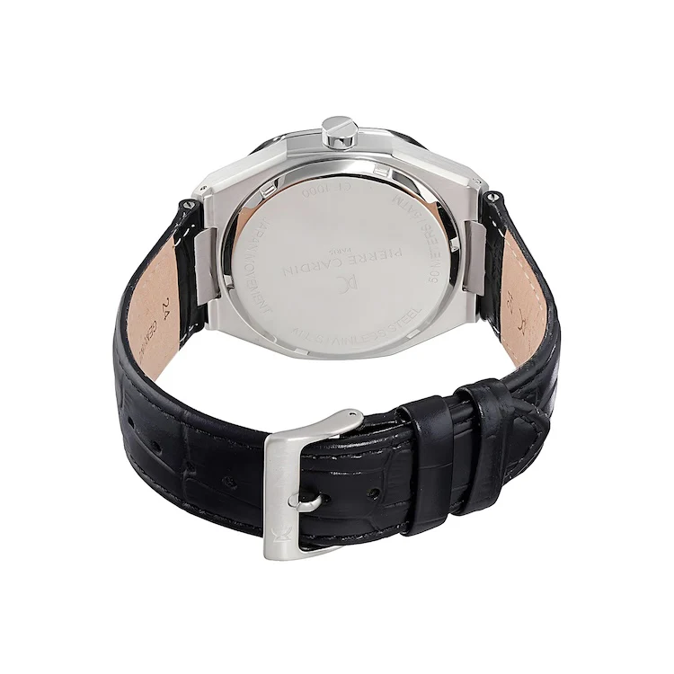 Maison 8 Checkers Men’s 42mm Stainless Steel Watch - Green Checkered Dial with Black Leather Strap - Image 4