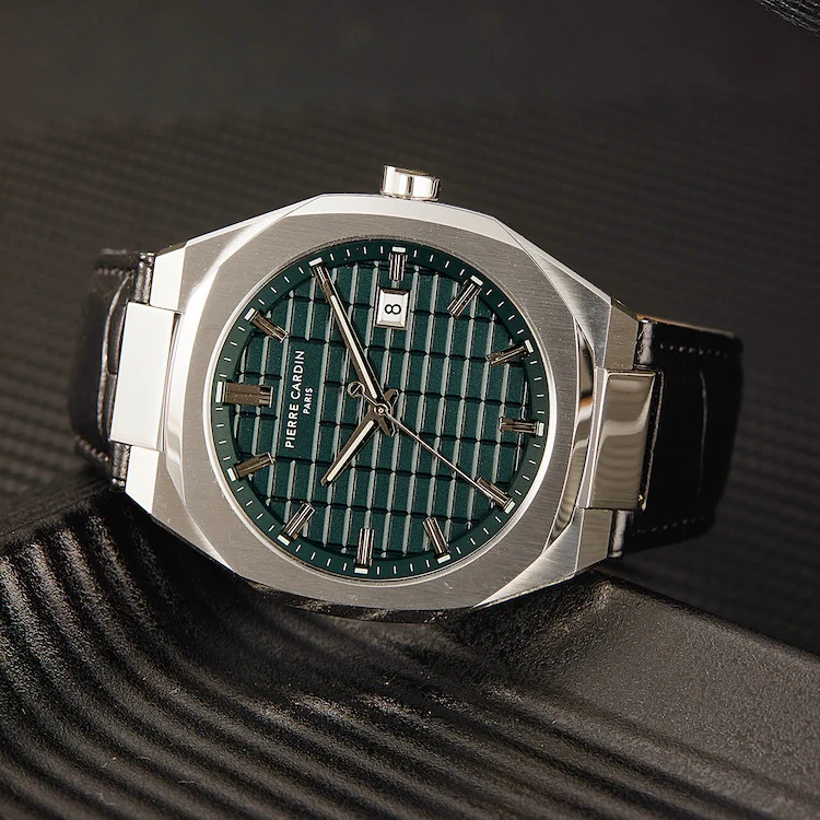 Maison 8 Checkers Men’s 42mm Stainless Steel Watch - Green Checkered Dial with Black Leather Strap - Image 6
