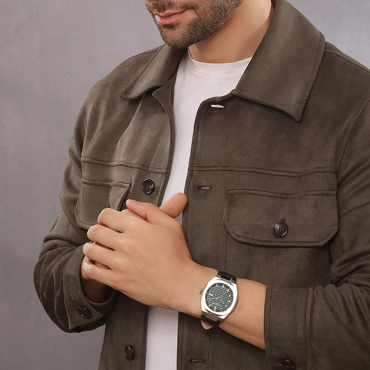 Maison 8 Checkers Men’s 42mm Stainless Steel Watch - Green Checkered Dial with Black Leather Strap - Image 7