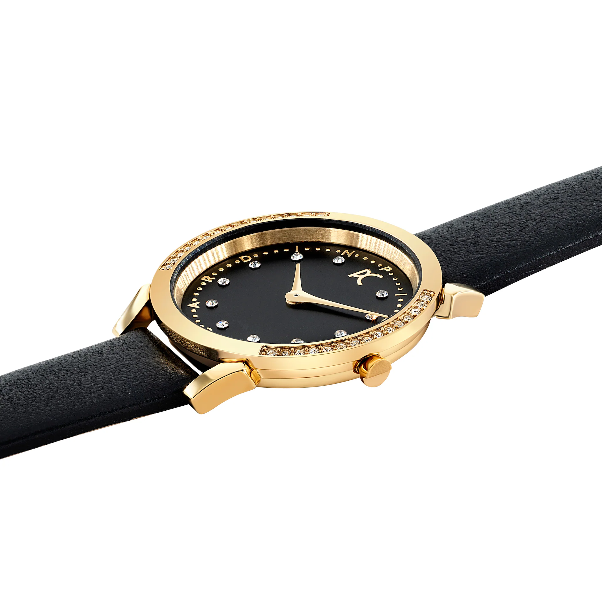 Pigalle Gold Watch with Crystals and Black Leather Strap - Image 3