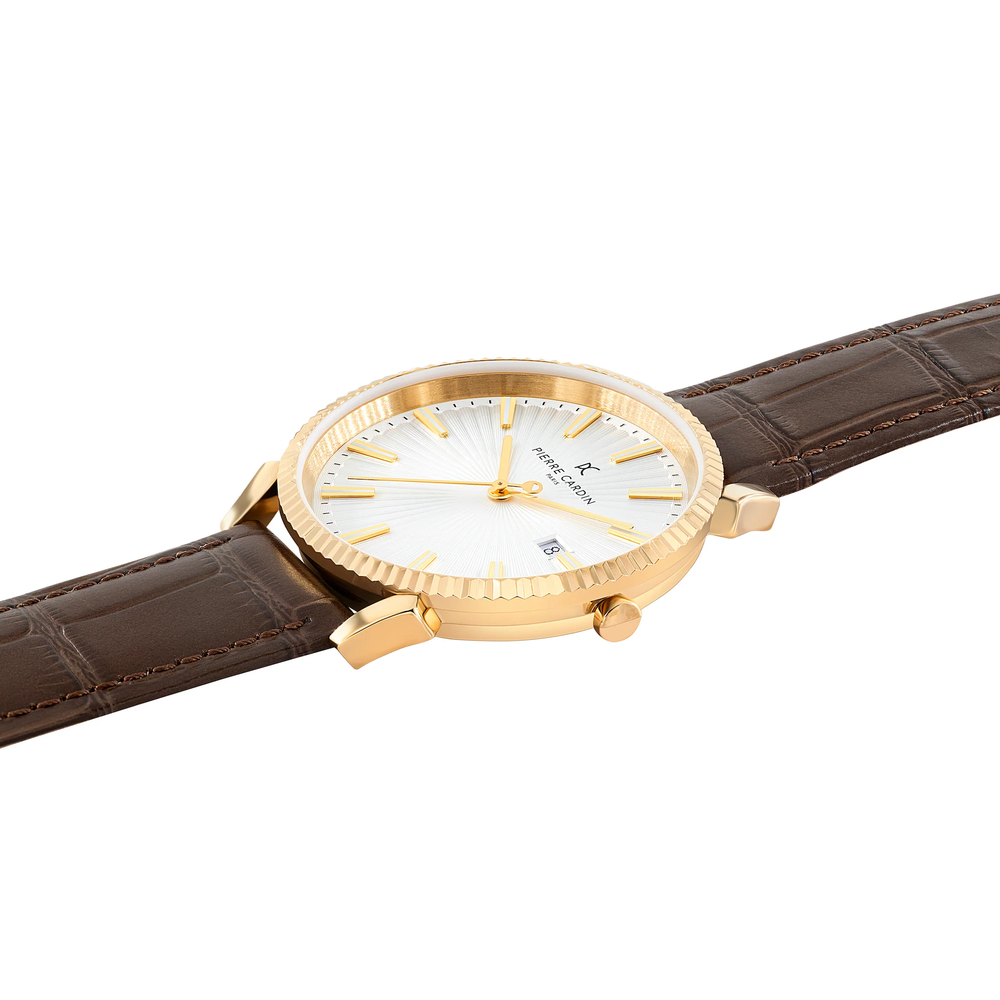 Pigalle Gold Watch with Silver Dial and Brown Leather Strap with Fluted Bezel - Image 3