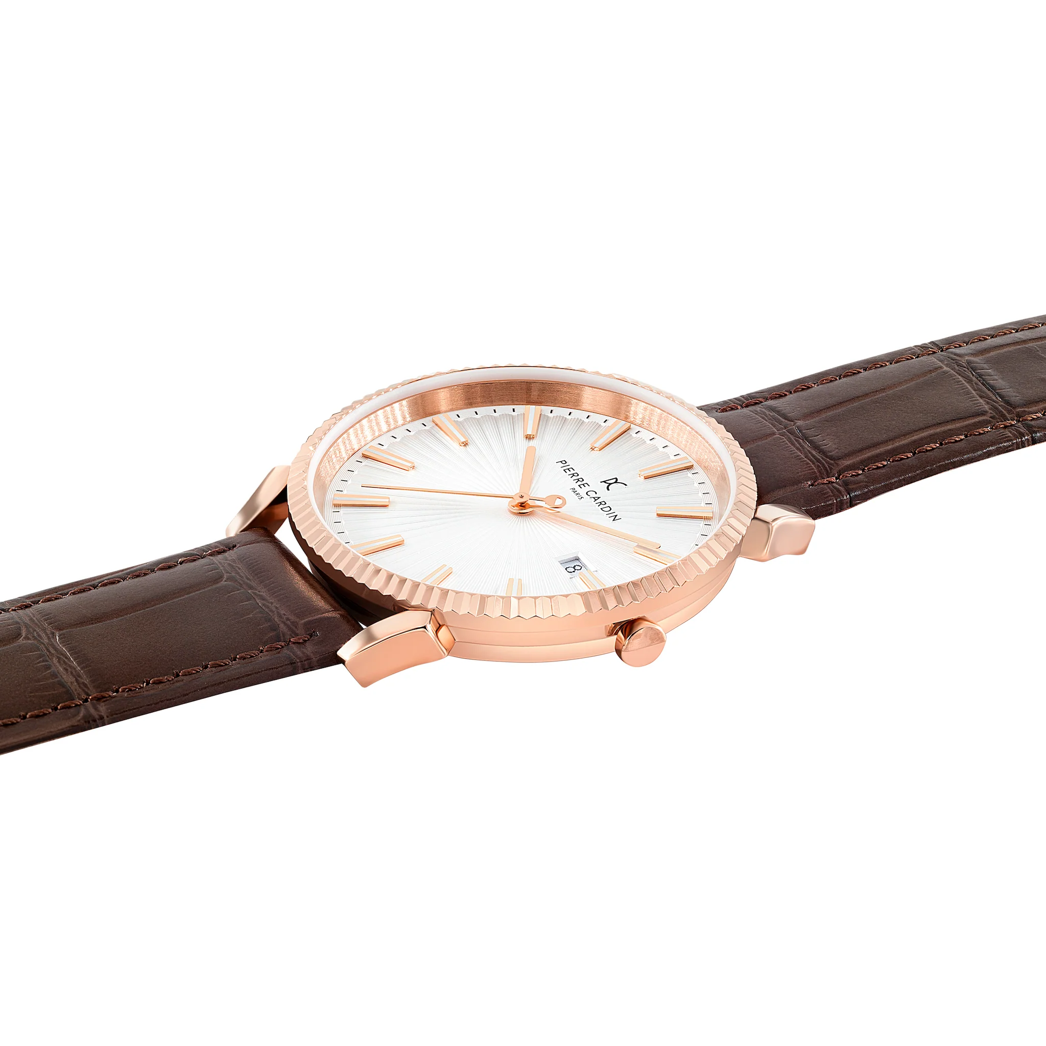 Pigalle Rose Gold Watch with Silver Dial and Brown Leather Strap with Fluted Bezel - Image 3
