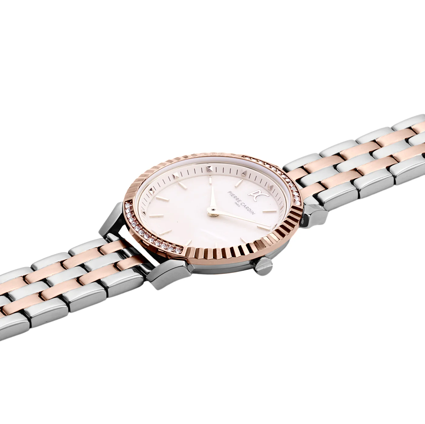 Pigalle Simplicity Two Tone Rose Gold and Steel Watch with Crystals and Mother of Pearl Dial look - Image 3